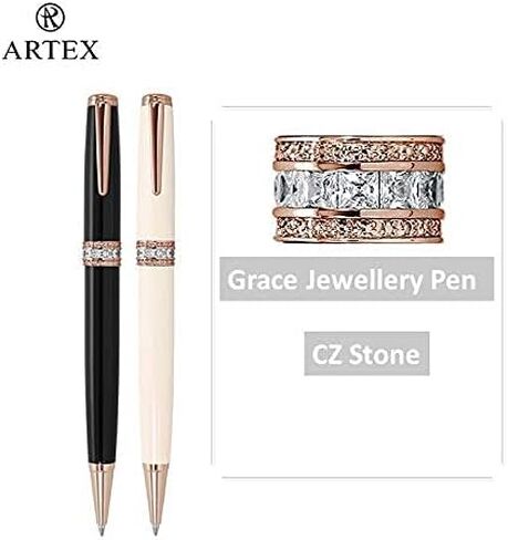 قلم كرة دوارة أنيق من ARTEX، مع كريستال CZ (الزركون المكعب)، طراز فاخر، هدية للرجال والنساء، محترف، موظف تنفيذي، معدن، صندوق هدايا. ألمانيا شميت الملء. نقش حر (عاجي) in Kuwait