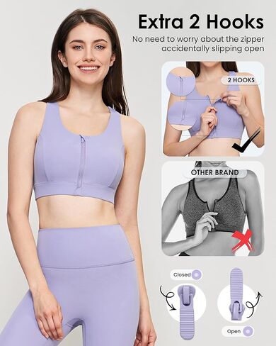 Zip Front Sports Bra, High Impact Sports Bras for Women Strappy Back Support, Yoga Bras for Workout Fitness Running, Purple,L in Kuwait