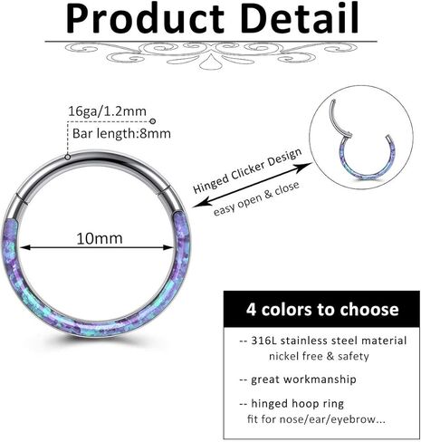 PiercingJ قطعتان من حلقات الأنف المفصلية من الأوبال الصناعي 316L من الفولاذ المقاوم للصدأ 16 جرام أقراط غضروف حلقية مفصلية للأنف وحاجز ثقب الفرس الدائري هيليكس تراغوس دايث حلق لا نهاية له 8 مم 10 مم in Kuwait