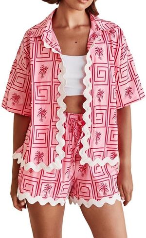 NUFIWI Y2K Women Vintage Graffiti 2 Pieces Shorts Sets Floral Fruit Print Short Sleeve Shirt and Shorts Beachwear Tracksuit in Saudi Arabia
