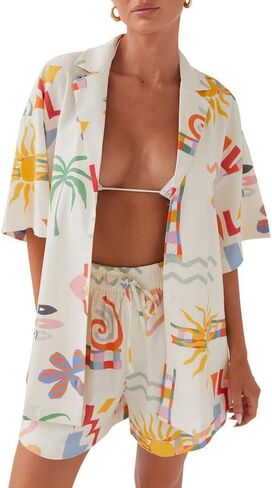 NUFIWI Y2K Women Vintage Graffiti 2 Pieces Shorts Sets Floral Fruit Print Short Sleeve Shirt and Shorts Beachwear Tracksuit in Saudi Arabia