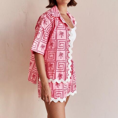 NUFIWI Y2K Women Vintage Graffiti 2 Pieces Shorts Sets Floral Fruit Print Short Sleeve Shirt and Shorts Beachwear Tracksuit in Saudi Arabia