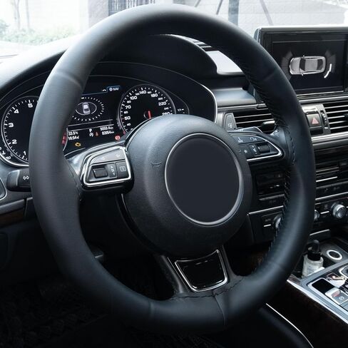 غطاء عجلة القيادة من الجلد من Xizopucy بأربطة، غرز جلدية يمكنك صنعها بنفسك على الغلاف، إبرتين وخيطين، لـ 15 1/2-16 بوصة (L5 أسود) in Kuwait