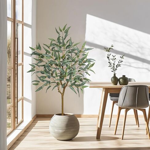 Briful 4ft Fake Tree Artificial Eucalyptus Tree in Black Pot, Realistic Silk Potted Floor Plants Large Fake Plants for Home Decor Indoor Outdoor Patio Office in Saudi Arabia