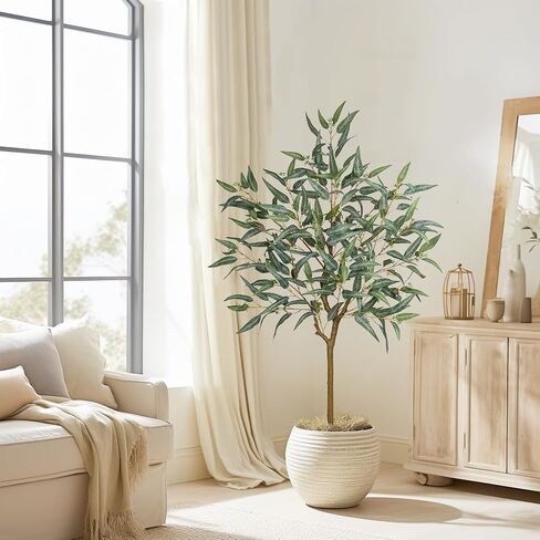 Briful 4ft Fake Tree Artificial Eucalyptus Tree in Black Pot, Realistic Silk Potted Floor Plants Large Fake Plants for Home Decor Indoor Outdoor Patio Office in Saudi Arabia