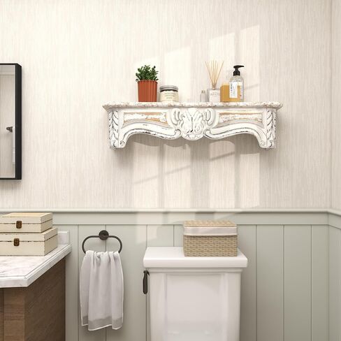 Deco 79 Wood Scroll Distressed 1 Shelf Wall Shelf, 36" x 6" x 9", White in Saudi Arabia
