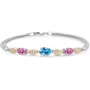 925 Silver and 10K Yellow Gold Swiss Blue Topaz and Pink Moissanite and White Lab Grown Diamond Bracelet For Women (1.98 Cttw, Gemstone November Birthstone, Oval, Wheat Chain, 6.5/7/7.5 Inches)