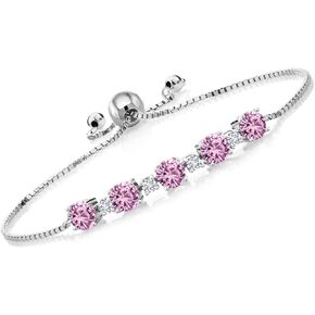 Gem Stone King 925 Sterling Silver Pink Created Sapphire and White Lab Grown Diamond Tennis Bracelet For Women (3.01 Cttw, Center Stone: 5MM, Small Stones: 2.5MM, Fully Adjustable Up to 9 Inch)