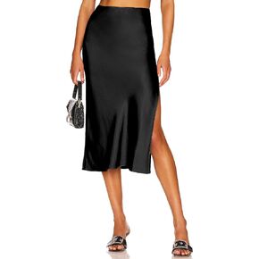 Womens Satin Silk High Waist Slit Midi Skirt Elastic Waistband Midi Skirts for Women