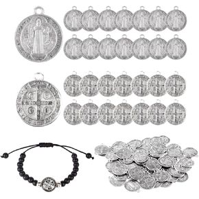 Yelsky 60Pcs St Benedict Medals，Saint Benedict Medal Bracelet Adjustable String Bracelets，Metal Saint Pendant Silver Toned medalla de san benito Protection from Evil Charm Pendant,Gift For Men Women
