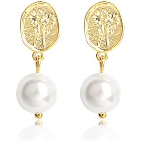 Pearl Drop Dangle Earrings for Women - 14k Gold Plated 925 Sterling Silver Pearl Flower Earrings, Gold Earrings for Women Trendy