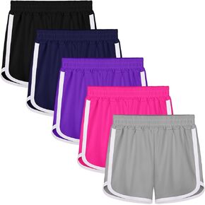 Resinta 5 Packs Girls Active Shorts Quick Dry Gym Workout Shorts Girls Running Shorts Kids Summer Athletic Shorts
