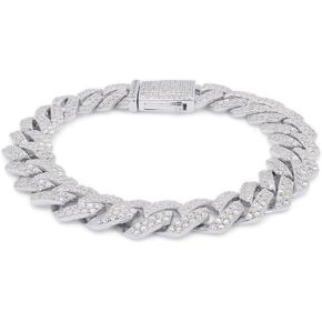 SAVEARTH DIAMONDS Round Lab Created Moissanite Diamond 14MM Width Cuban Chain Bracelet In 14k White Gold Over Sterling Silver Jewelry For Men (VVS1 Clarity, 10.00 Ct) 8.5"