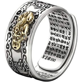 990 Silver Feng Shui PiXiu Adjustable Ring MANI Mantra Protection Wealth Ring