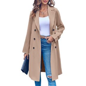 Ladiyo Women's Double Breasted 3/4 Long Trench Coat Elegant Windproof Lapel Belted Overcoat
