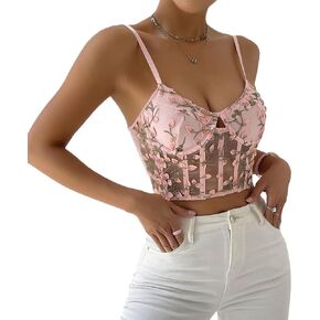 Aularso Women's Floral Lace Corset Top Strap Sleeveless Slim Fit Crop Top Open Back Boned Mesh V Neck Top Party Corset Top