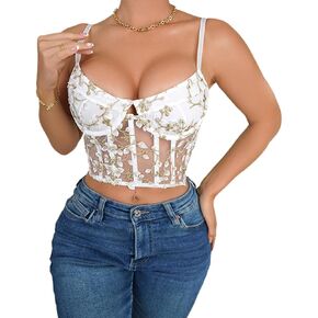 Aularso Women's Floral Lace Corset Top Strap Sleeveless Slim Fit Crop Top Open Back Boned Mesh V Neck Top Party Corset Top in Saudi Arabia