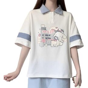Women Harajuku Style Pastel Gothic Kawaii Fashion Casual Soft Polo Collar Cartoon Doggy Holiday Print T-Shirt