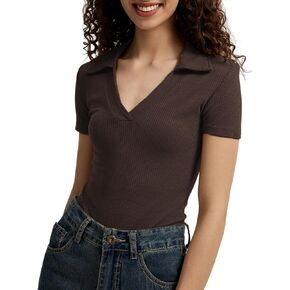 Women's Short Sleeve Polo Shirts Summer Slim Fitted Collared Shirt Casual V Neck Work Tops