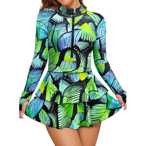 SHEKINI Women Long Sleeve Rash Guard Swimdress Thumb Holes Surfing Printed One Piece Zipper Skirted Swimsuit Swim Shirt