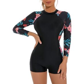 OLEMEK Women One Piece Bathing Suit Short Sleeve Tummy Control Swimsuit Zipper Surfing UPF 50+ Rash Guard