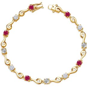 Gem Stone King 18K Yellow Gold Plated Silver Red Ruby and White Moissanite and White Lab Grown Diamond Bracelet For Women (2.69 Cttw, Gemstone July Birthstone, Round 4MM, 6.5, 7, 7.5 Inches)