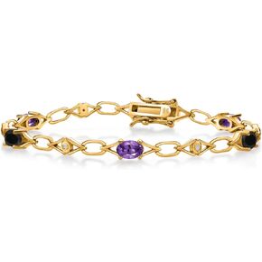Gem Stone King 18K Yellow Gold Plated Silver Purple Amethyst and Black Onyx and Round White Lab Grown Diamond Tennis Bracelet For Women (2.59 Cttw, Gemstone Birthstone, Oval 6X4MM, 7.25 Inches)
