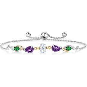 Gem Stone King 925 Silver and 10K Yellow Gold White Moissanite Amethyst Nano Emerald and Lab Grown Diamond Tennis Bracelet for Women By Keren Hanan (1.66 cttw, Adjustable Up To 9 Inch)