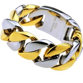 AHAPPYIDEA 32mm Huge Steel and Gold Finish Round Curb 316L Stainless Steel Men's Bracelet