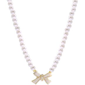 Vintage Bow Pearl Necklace Bow Pendant Imitation Pearl Clavicle Chain for Women Girls Wedding Parties Fashion Jewelry Accessories