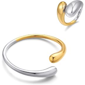 WOWORAMA Two Tone Teardrop Ring and Cuff Bracelet Set for Women Open Rings and Cuff Bangle Bracelets Gold Silver Color