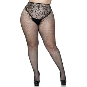 Leg Avenue Women French Cut Fishnet Tights With Faux Lace Up Backseam. adult exotic hosiery, Black, 1X US