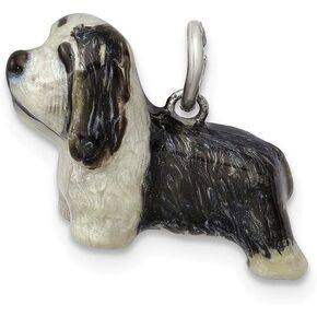 Solid 925 Sterling Silver Enameled Bearded Collie Charm Pendant - 16mm x 19mm