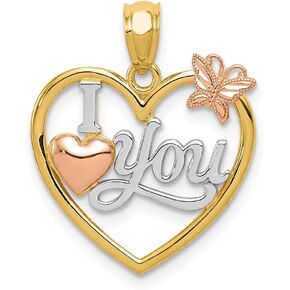 Solid 14k Yellow and Rose Gold I Love You in Heart Butterfly Pendant Charm - 20mm x 17mm