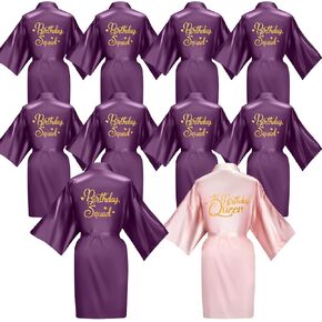 Newcotte 10 Pcs Women's Birthday Party Robes Silk Kimono Robe with Gold Glitter Squad Queen Satin Gown