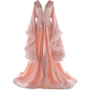 Daily Life Mall Women's Feather Bridal Robes Old Hollywood Maternity Photoshoot Nightgown Silk Bathrobe Long Lingerie