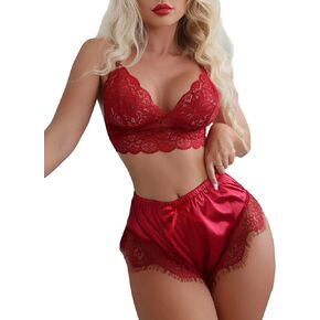 SOLY HUX Women's 2 Piece Lingerie Set Lace Bra Cami Top and Satin Shorts Sleepwear