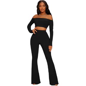 WDIRARA Women's 2 Piece Outfit Off the Shoulder Long Sleeve Crop Top and Flare Leg Pants Set