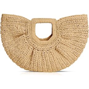 Straw Bag, Beach Bags for Women, Semi-Circular Woven Beach Hand Bag Handmade Rattan Handbag for Vacation Travel Daily (Khaki)