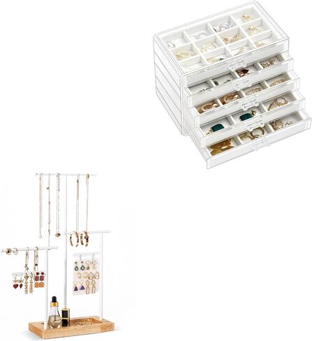 Earring Organiser Jewellery Organizer Box Bundle with 3 Tier Height Adjustable Necklace Holder Display for Extra Long Necklaces in Saudi Arabia