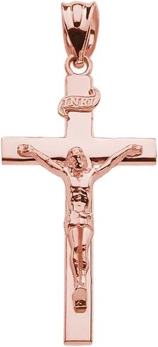 10K Rose Gold Catholic Linear Cross INRI Crucifix Pendant Charm - Choice of Size in Saudi Arabia