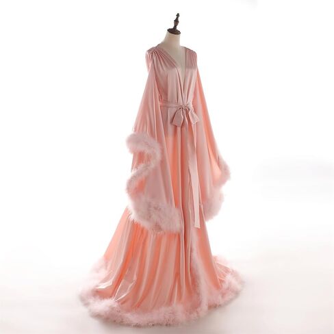 رداء زفاف نسائي من Daily Life Mall مزود بالريش، رداء نوم للأمهات من هوليوود القديمة، رداء نوم من الحرير، ملابس داخلية طويلة in Kuwait