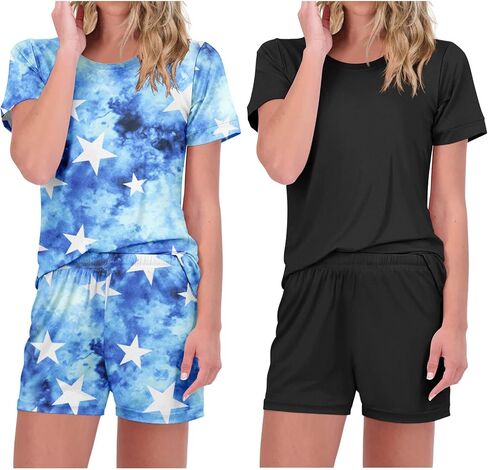 Ekouaer 2 Pack Pajama Sets Womens's Short Sleeve Tops with Shorts Comfy Pjs Casual Lounge Sets Sleepwear with Pockets in Kuwait