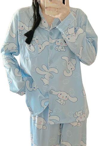 Kawaii Pajamas For Women Two-Piece Set Cute Cartoon Girls Pajamas Casual Cardigan Sleepwear Home Clothes in Saudi Arabia