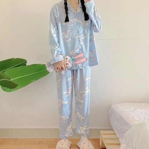 Kawaii Pajamas For Women Two-Piece Set Cute Cartoon Girls Pajamas Casual Cardigan Sleepwear Home Clothes in Saudi Arabia