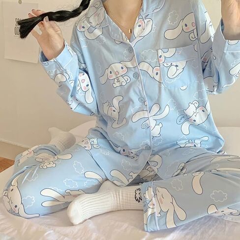 Kawaii Pajamas For Women Two-Piece Set Cute Cartoon Girls Pajamas Casual Cardigan Sleepwear Home Clothes in Saudi Arabia