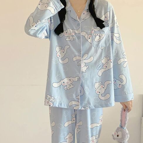 Kawaii Pajamas For Women Two-Piece Set Cute Cartoon Girls Pajamas Casual Cardigan Sleepwear Home Clothes in Saudi Arabia