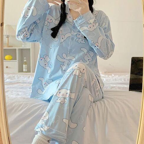 Kawaii Pajamas For Women Two-Piece Set Cute Cartoon Girls Pajamas Casual Cardigan Sleepwear Home Clothes in Saudi Arabia