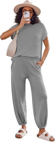 Ekouaer طقم صالة نسائي مكون من قطعتين 2024 بدلة رياضية عصرية بأكمام قصيرة وسراويل ركض متماسكة بيجامة ملابس تنحيف S-XXL in Kuwait