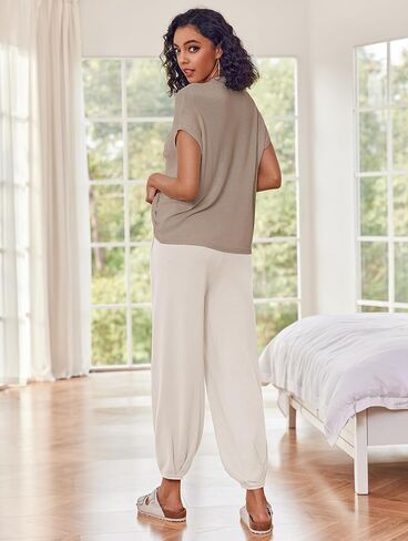 Ekouaer طقم صالة نسائي مكون من قطعتين 2024 بدلة رياضية عصرية بأكمام قصيرة وسراويل ركض متماسكة بيجامة ملابس تنحيف S-XXL in Kuwait